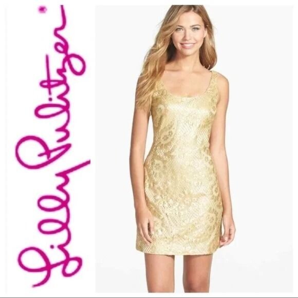 Lilly Pulitzer Eaton Metallic Gold Drippy Paisley Shift Dress NWT 6 - Picture 2 of 8